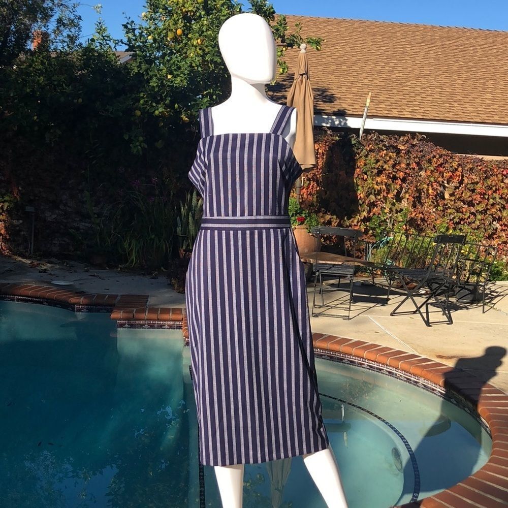First Monday Navy White Striped A-line Dress Sz M